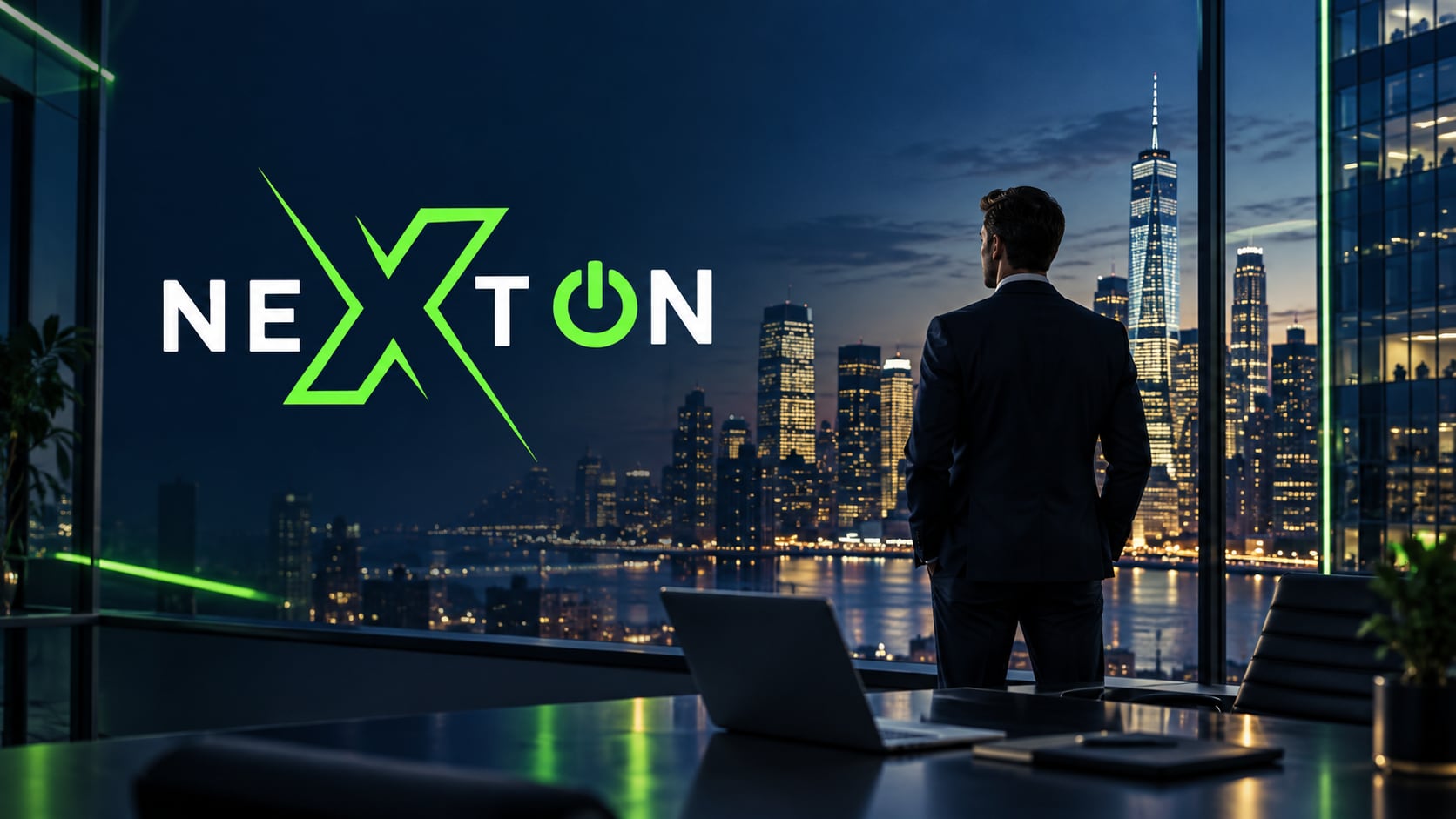 Person overlooking a city skyline at night from a modern office