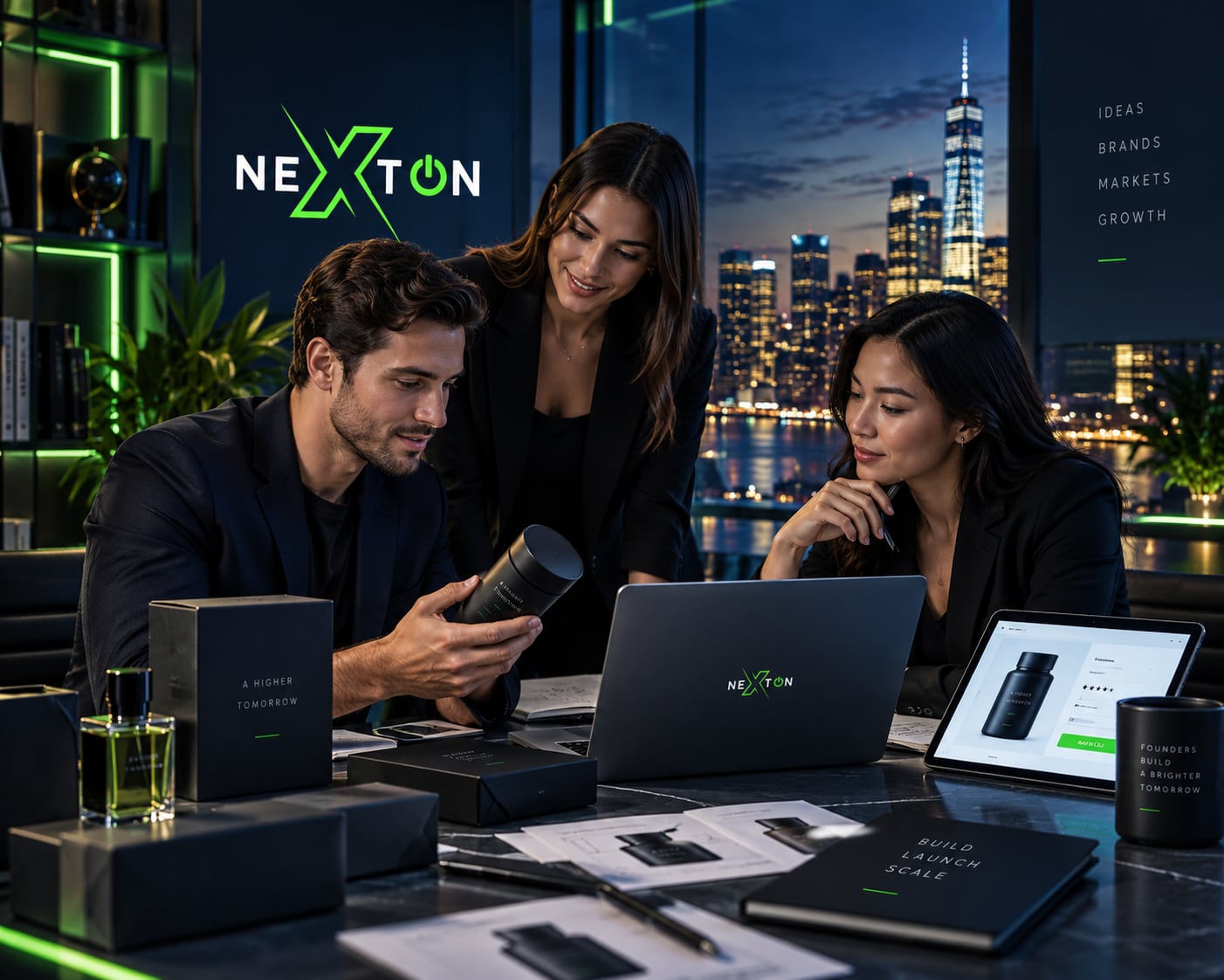 Business team reviewing a product and brand materials at a modern office table