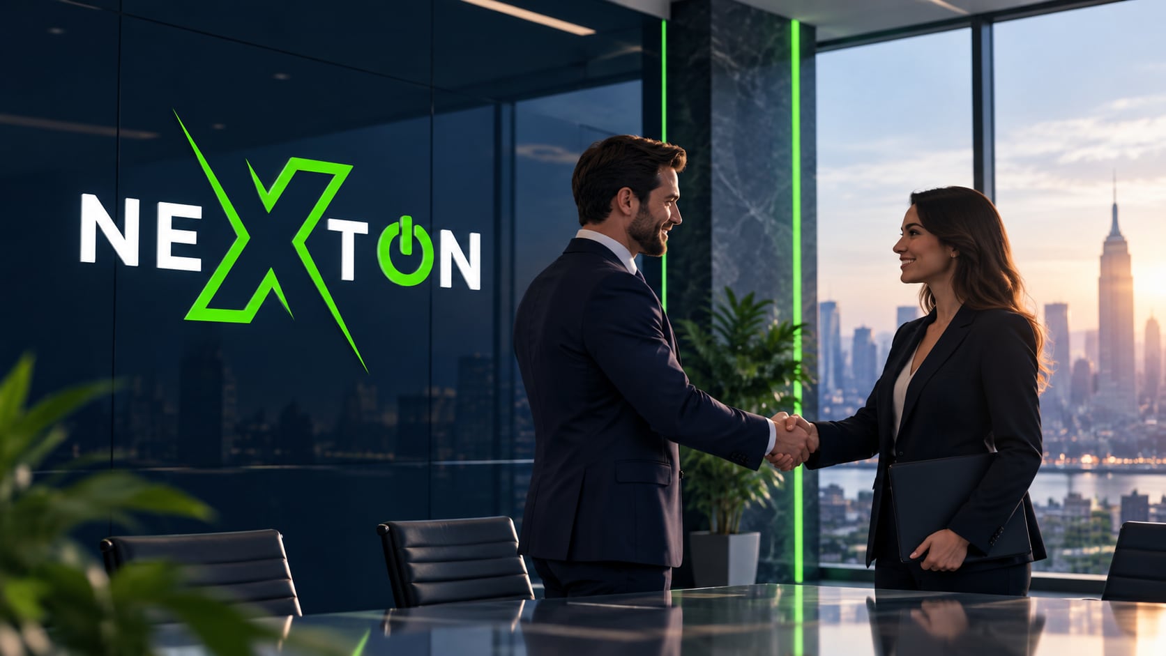 Two professionals shaking hands in a modern office