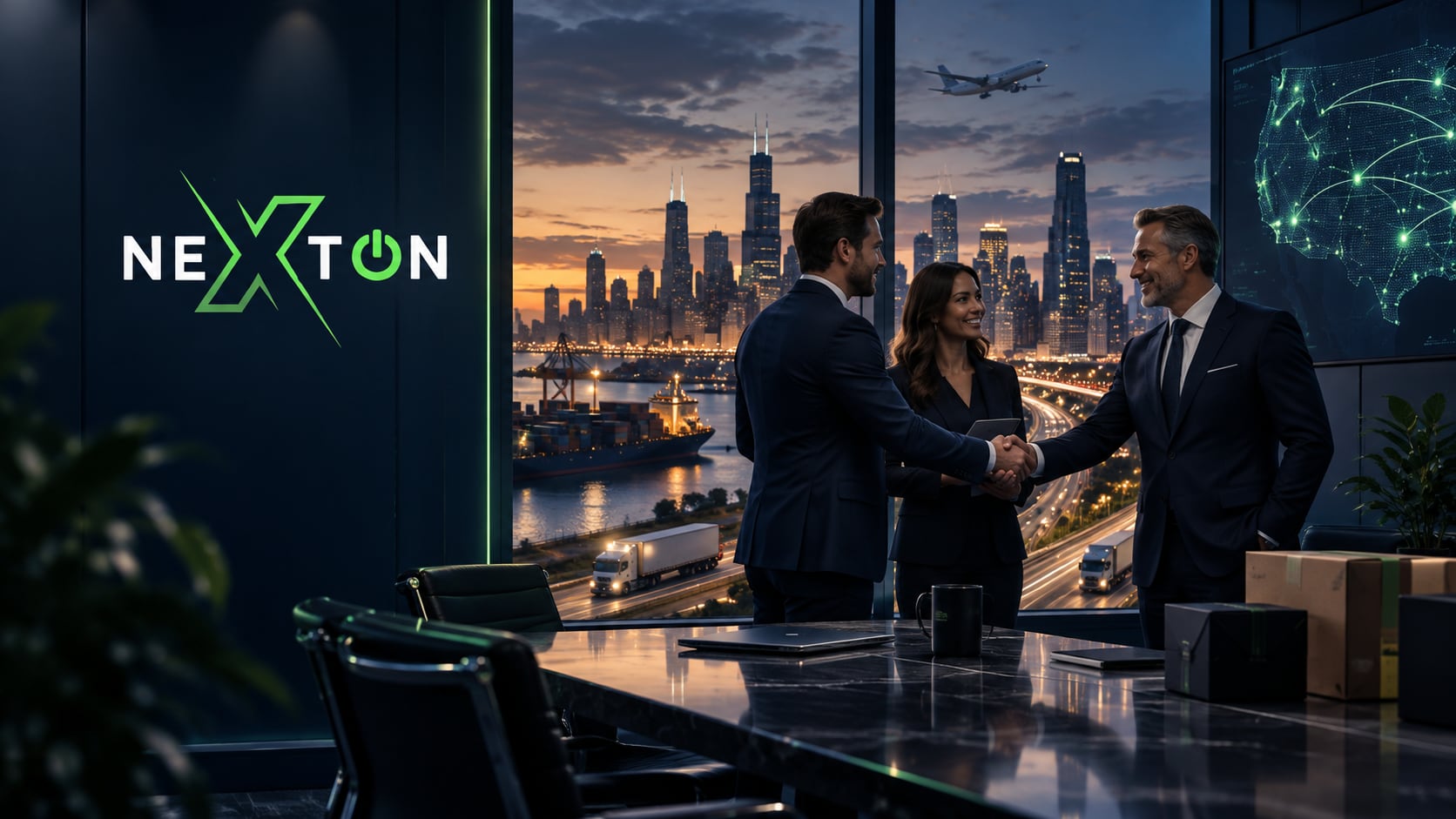 Professional greeting a business partner in an office with city views