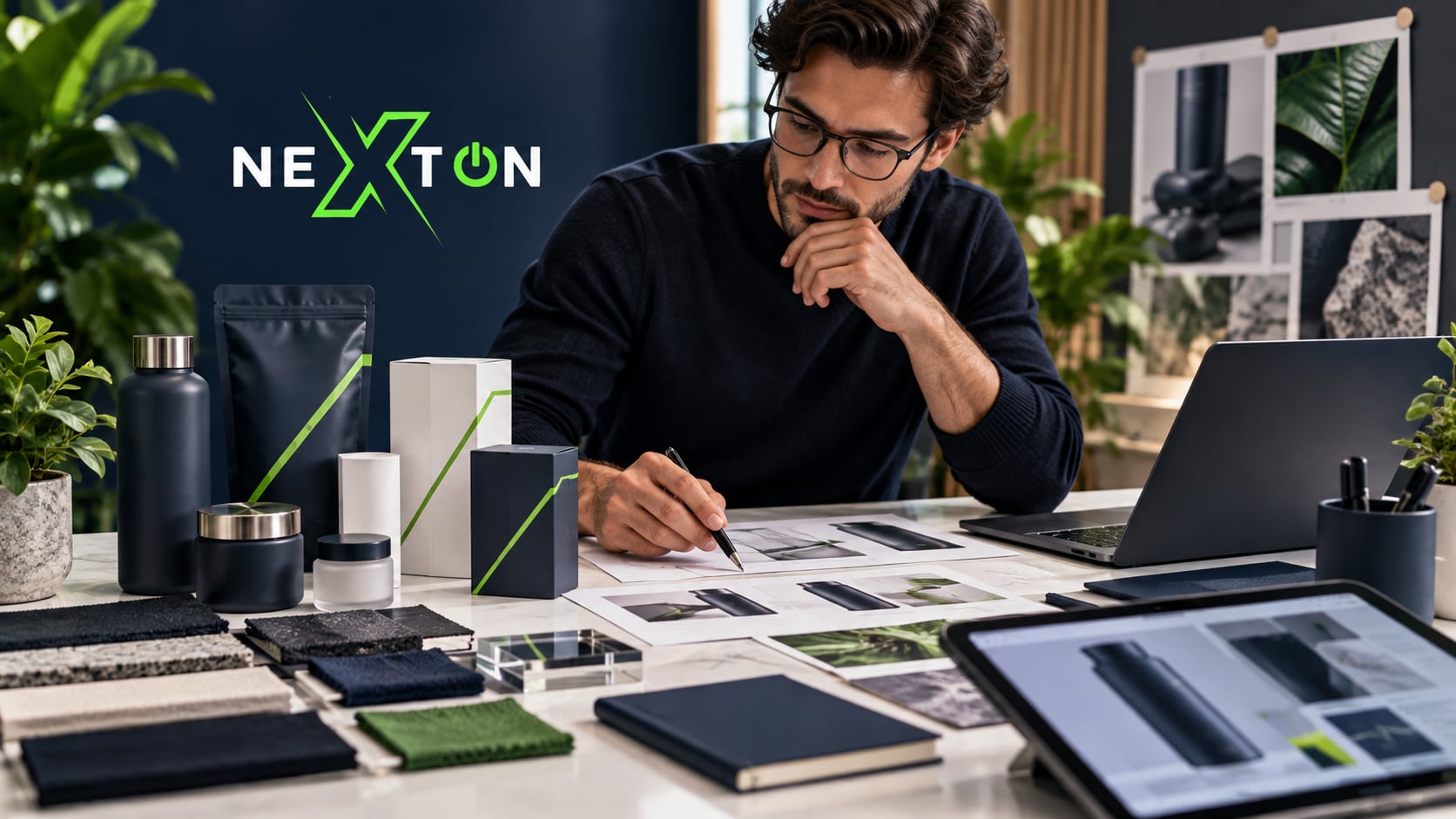 Professional reviewing packaging, samples, and brand materials at a work table