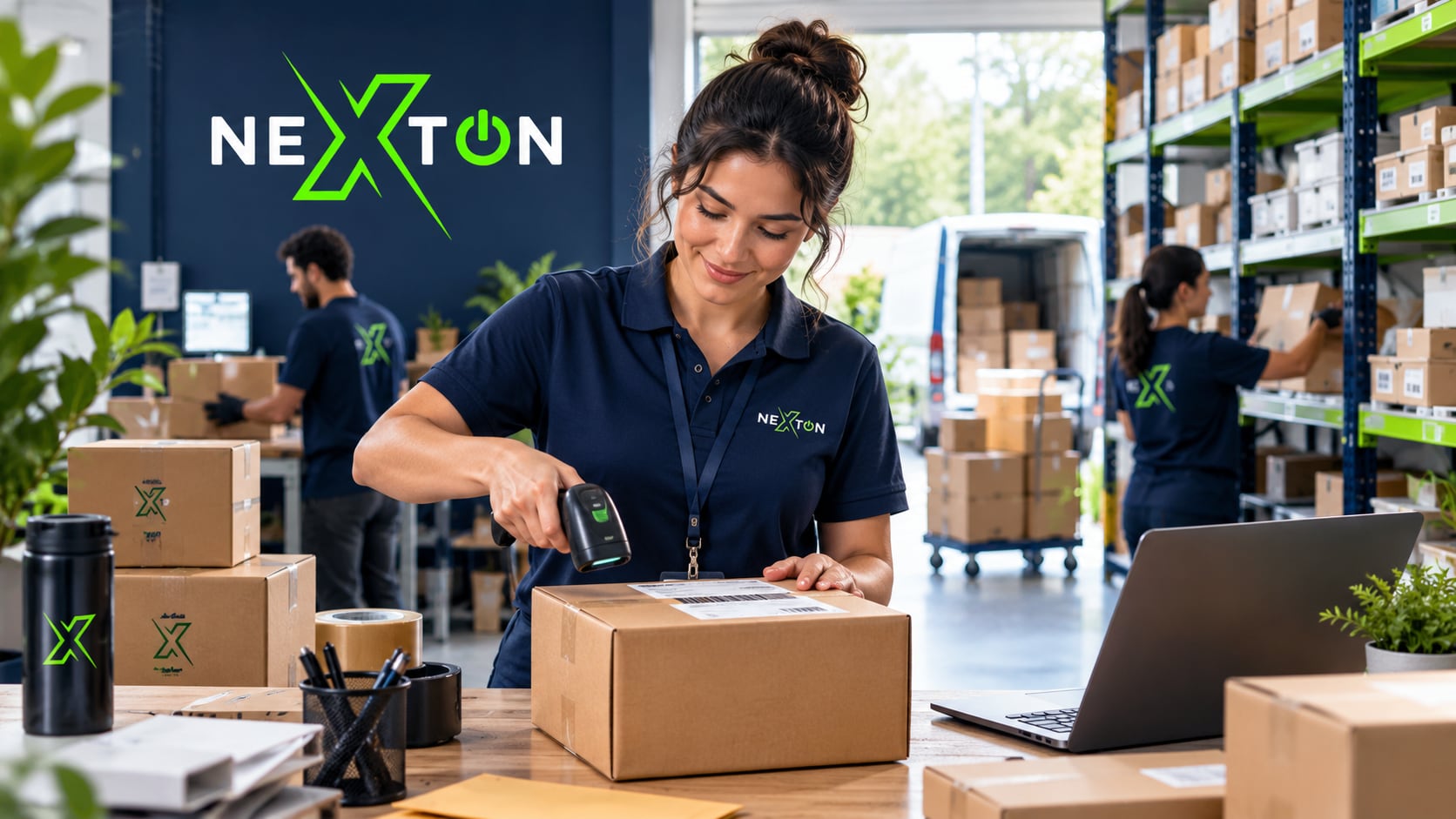 Professional preparing a package in an illustrative logistics operation